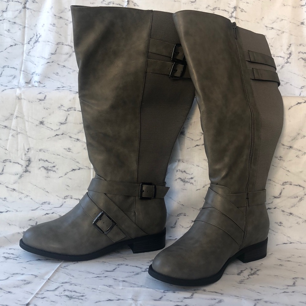 Gray Faux Leather Buckle Boot